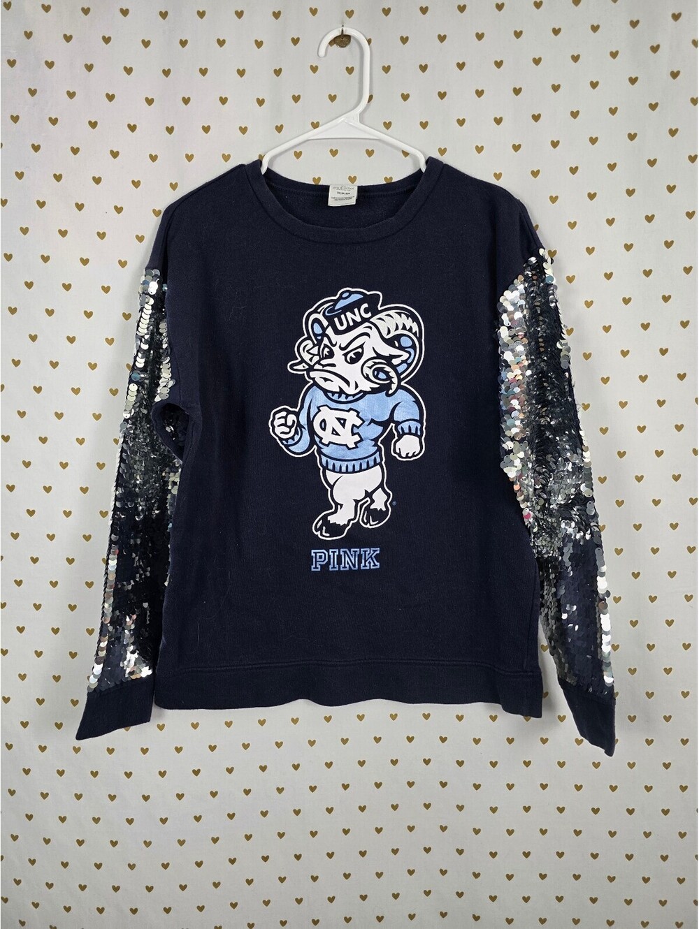 VS PINK x 5th & Ocean UNC Tar Heels Sweatshirt XS Sequin Sleeves Bling